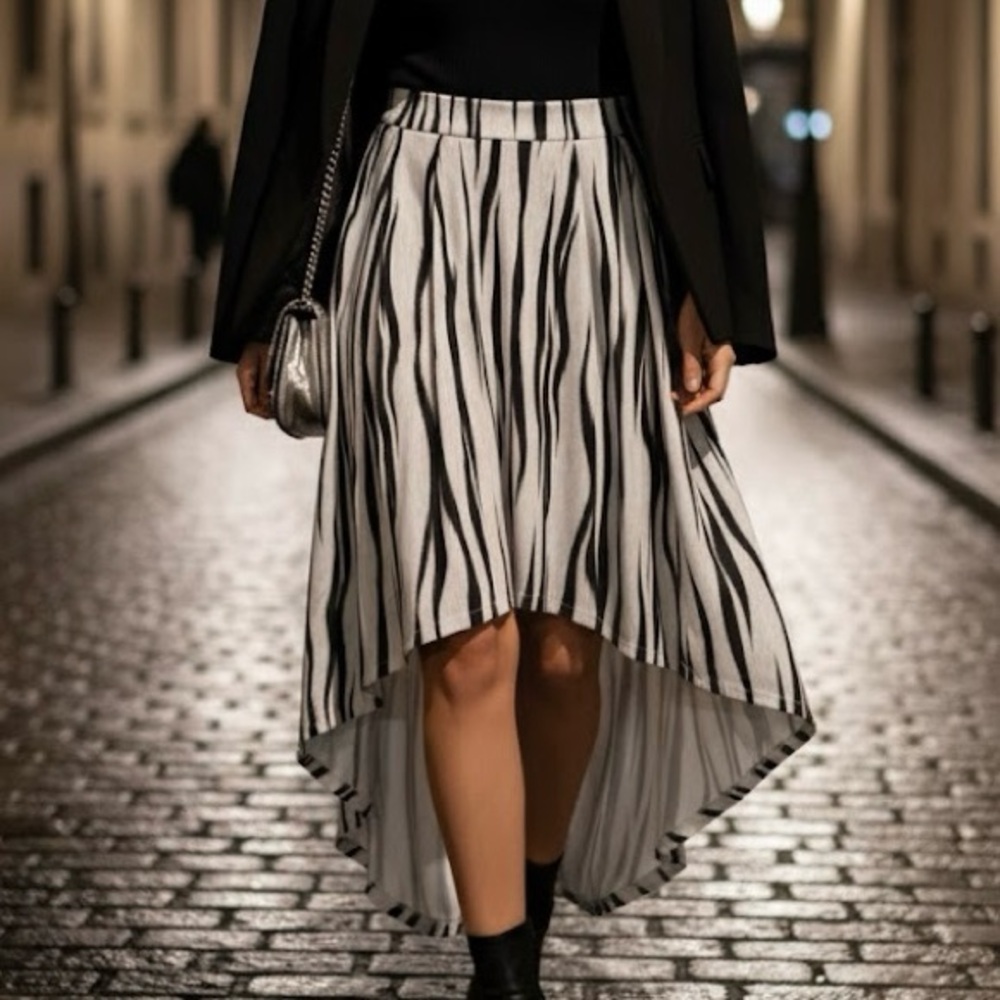 Vintage Italian Made Zebra Stripe Soft Textured High-Low Pleated Midi Skirt 6